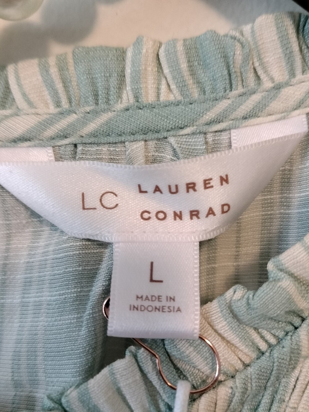 NWT LC Lauren Conrad Mint Green Striped Smocked Yoke Ruffle Sleeve Blouse - Picture 3 of 9